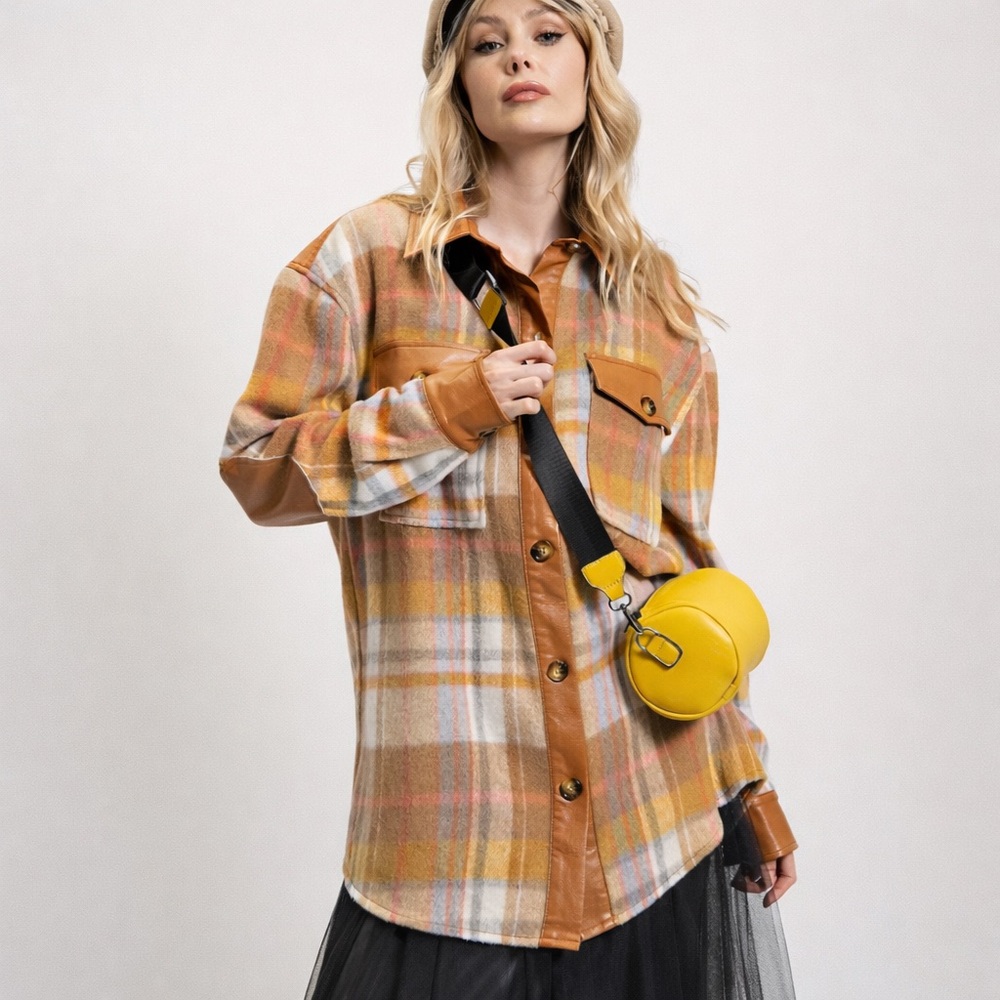Easel Plaid Shacket Faux Leather Trim Oversized Shirt Jacket S NWOT